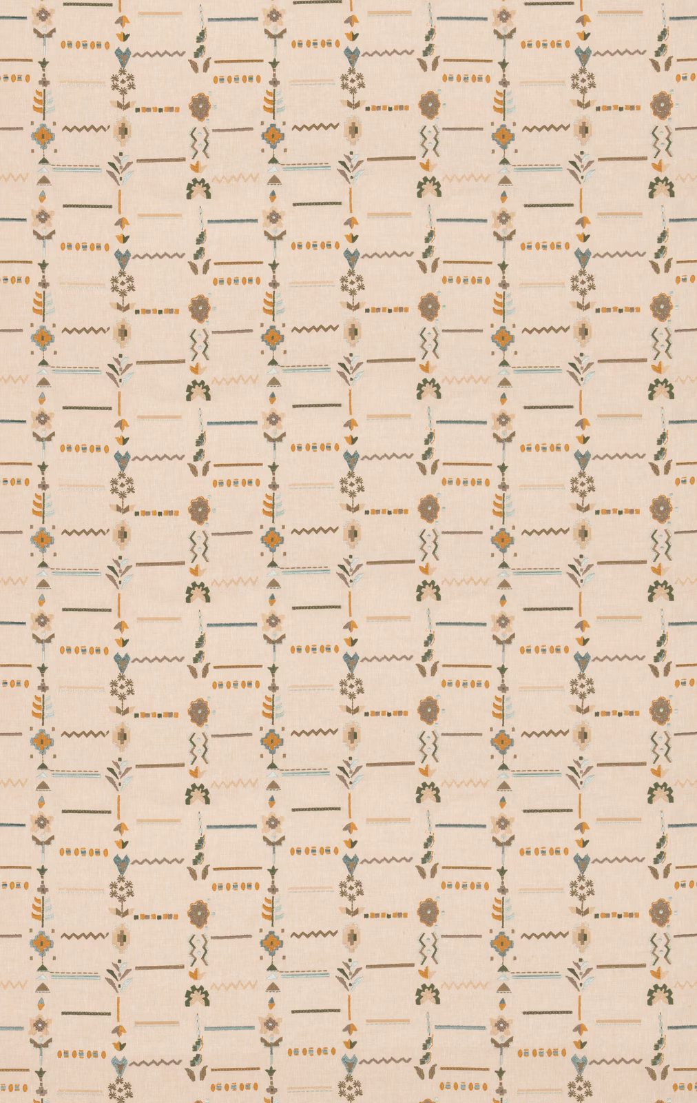 Cream woven fabric with aqua and ochre geometric columns and tiny folk motifs