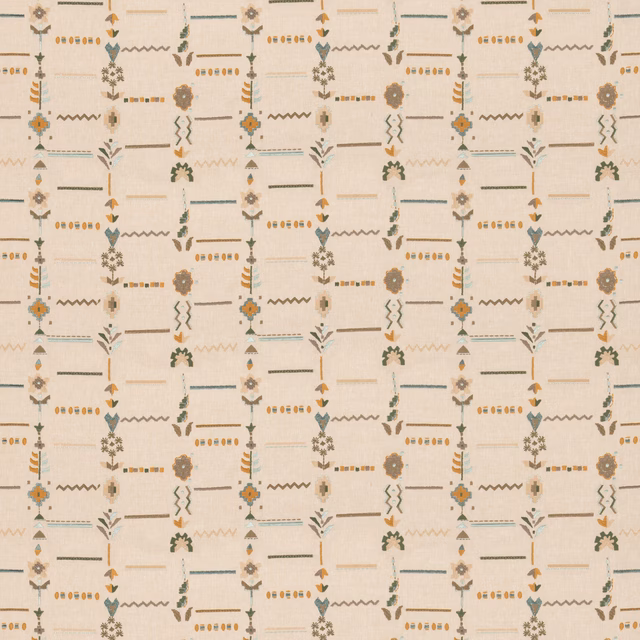 Cream woven fabric with aqua and ochre geometric columns and tiny folk motifs