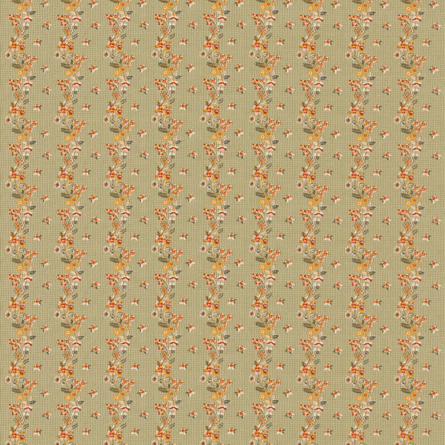 Muted sage fabric with tiny vertical coral, cream and ochre floral sprigs