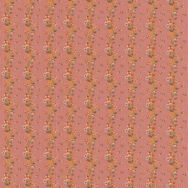 Dusty rose ground with narrow vertical floral sprigs in cream, green and ochre