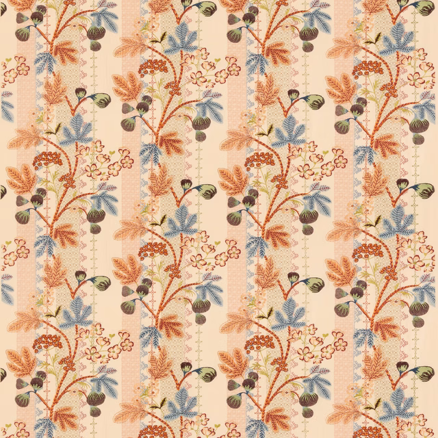 Ivory fabric with repeating coral flowers, blue leaves and olive botanical stems