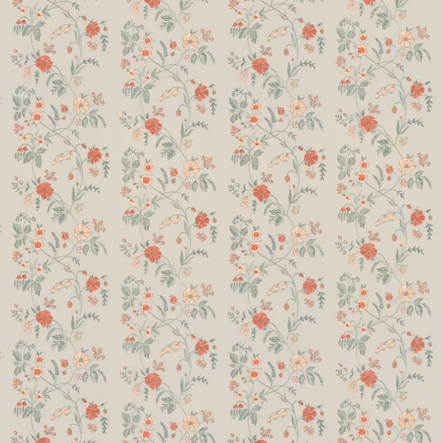 Pale aqua floral trail with coral blossoms and sage leaves on linen-blend ground