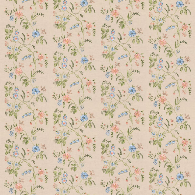 Cream floral ground with pink blossoms, green trails and small blue flowers