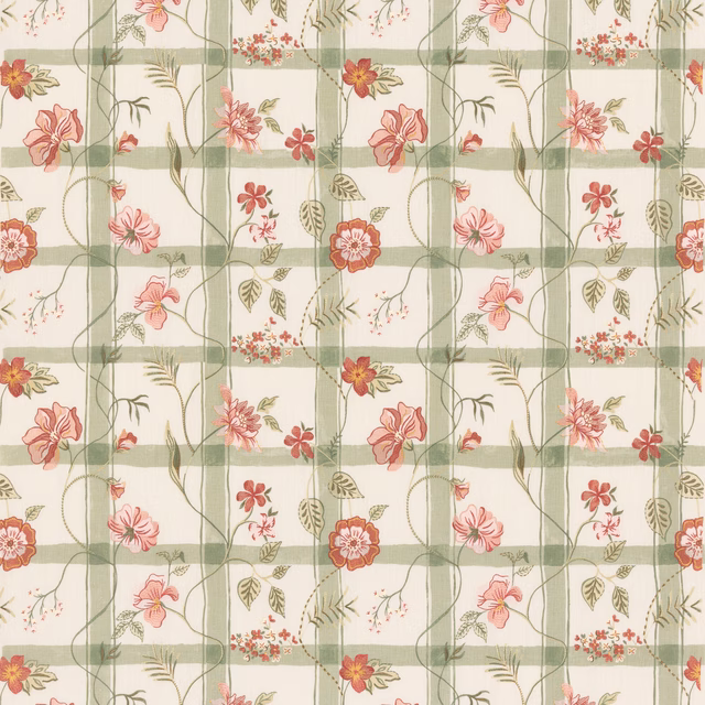 Cream fabric with sage checks and scattered coral, blush and red flowers