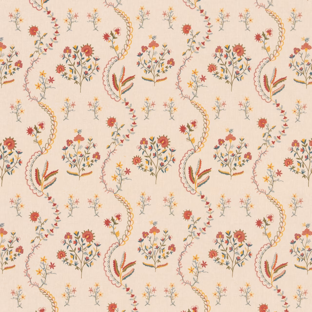 Cream floral fabric with rose bouquets, teal leaves and curling botanical stems