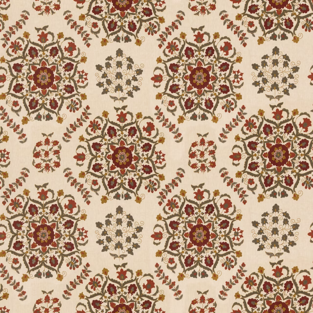 Cream textile with repeating crimson floral medallions, olive foliage and taupe rosettes