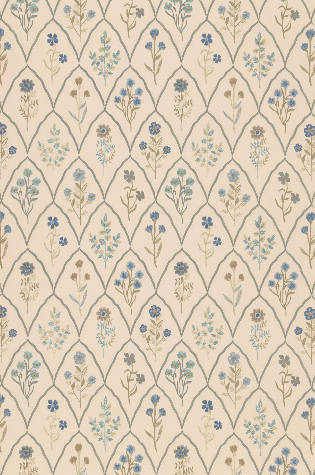 Cream botanical trellis fabric with muted blue flowers and sage stems