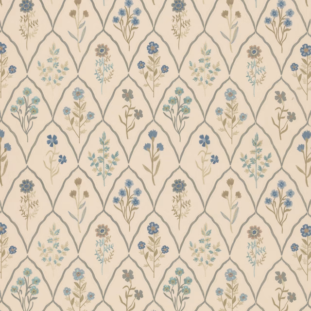 Cream botanical trellis fabric with muted blue flowers and sage stems