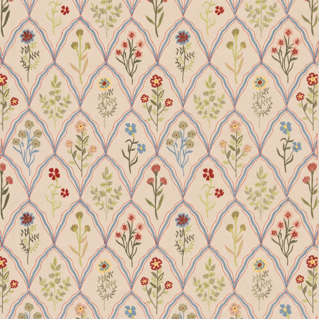 Cream trellis fabric with denim-blue lines, red blossoms and scattered botanical stems