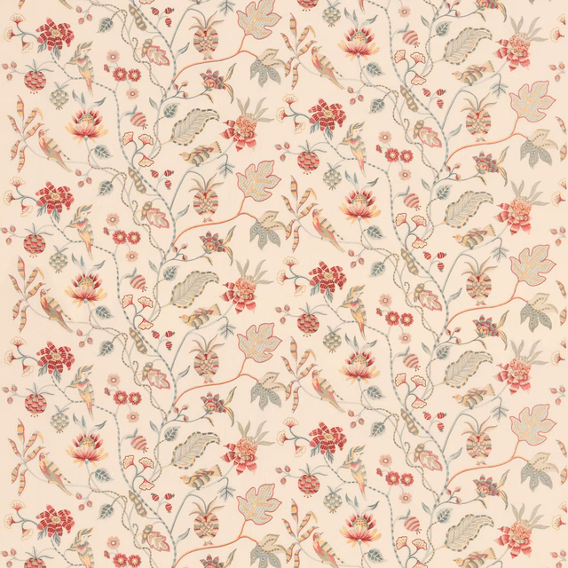 Cream botanical print with muted teal leaves and red floral details