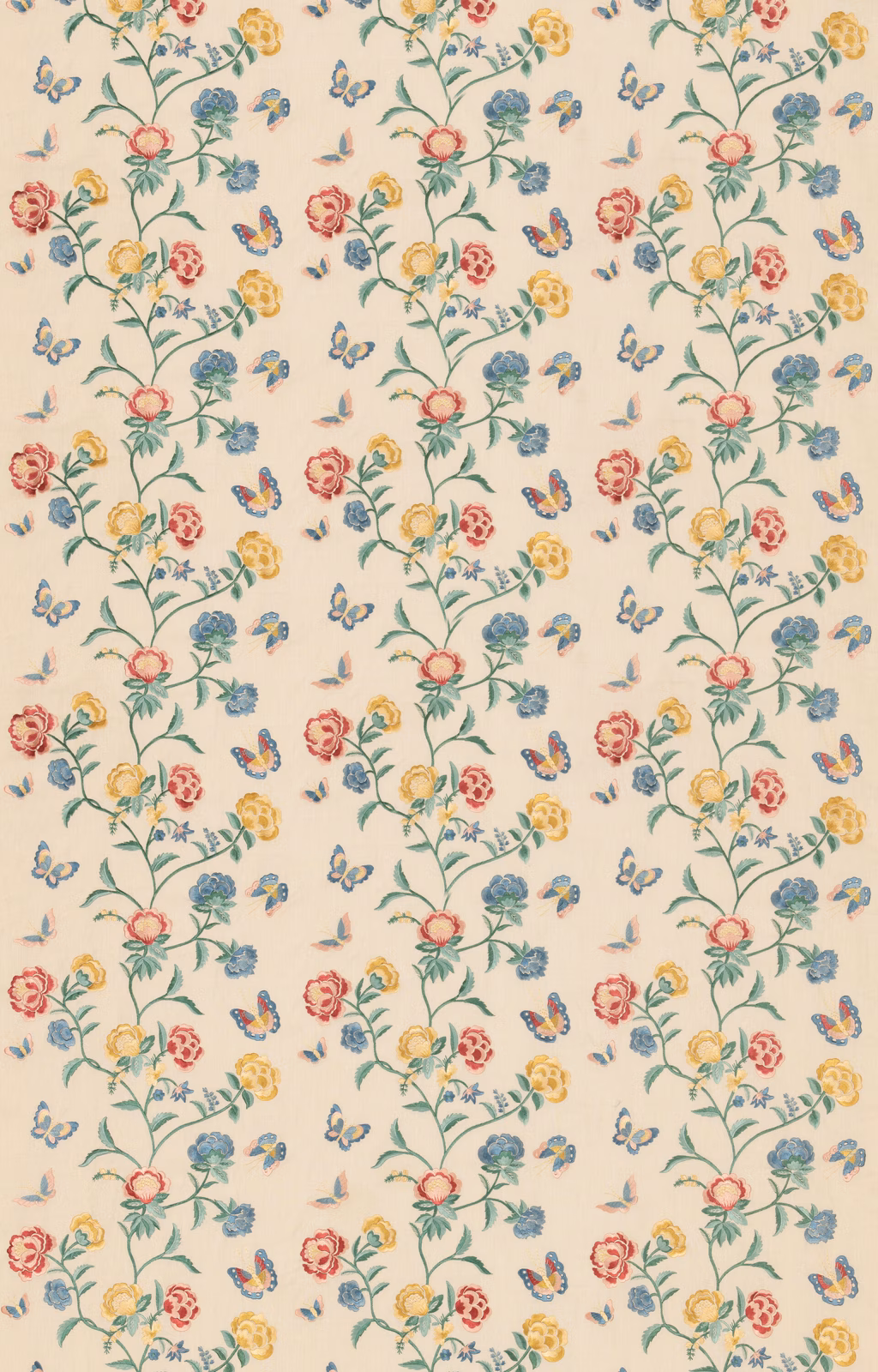 Ivory woven ground with red, yellow and blue trailing floral sprigs