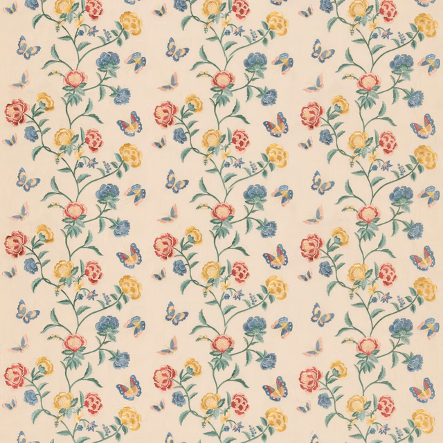 Ivory woven ground with red, yellow and blue trailing floral sprigs