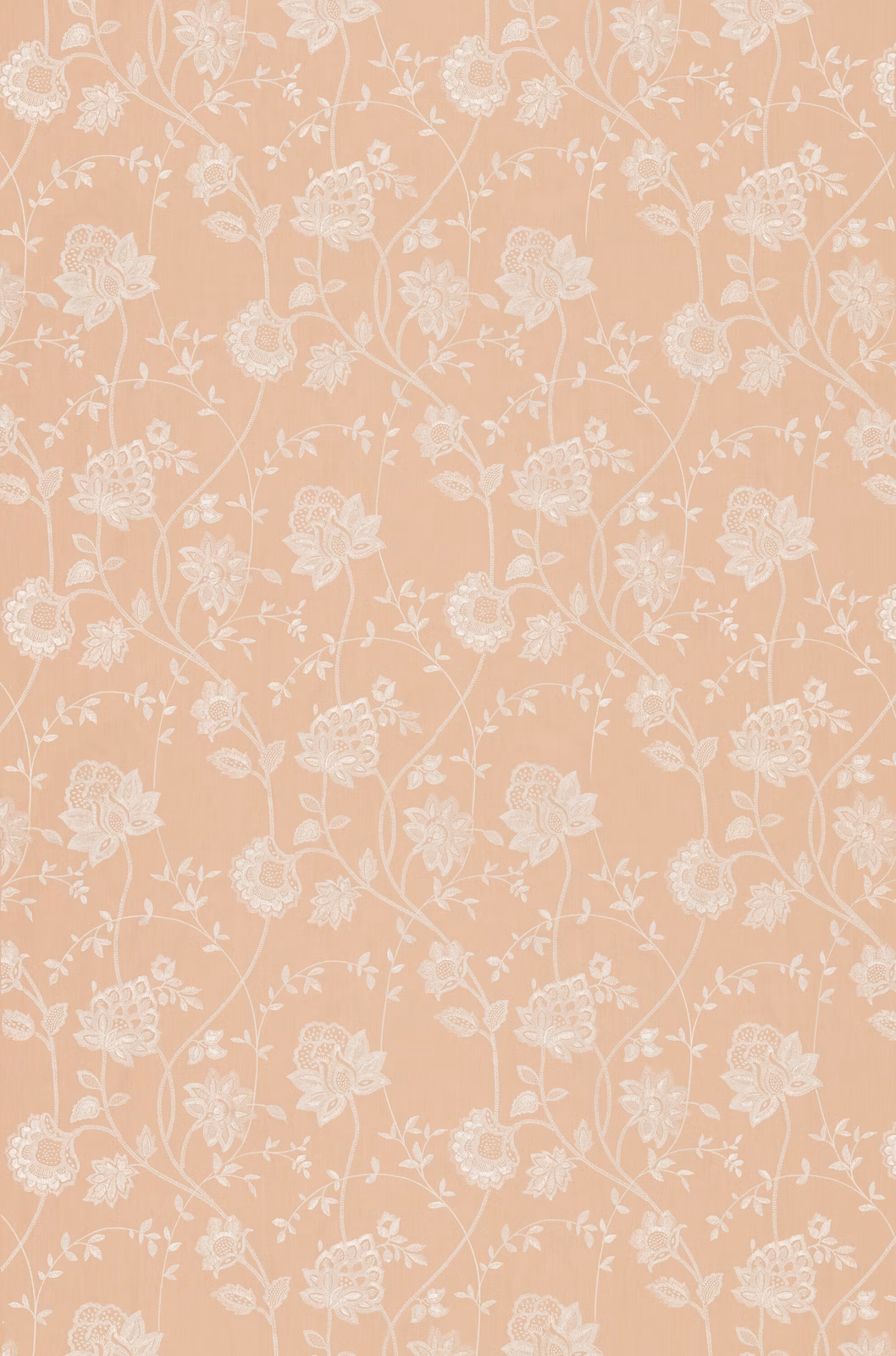 Warm blush-peach floral fabric with delicate ivory trailing stems and blossoms