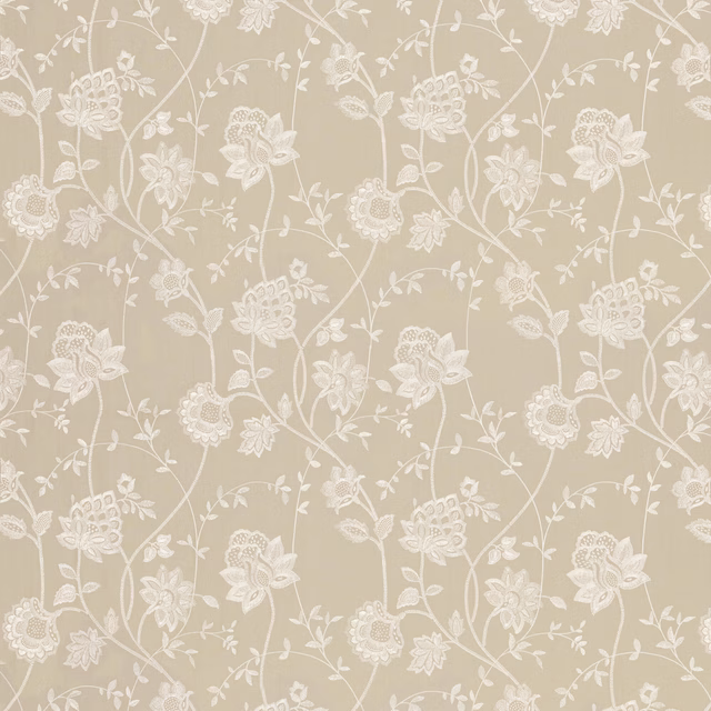 Muted sage fabric with delicate ivory flowers, winding stems and a softly woven ground