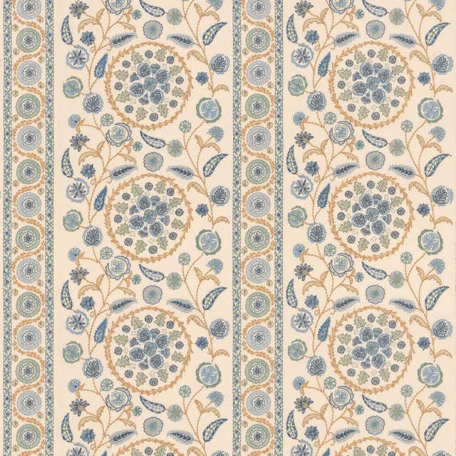 Cream fabric with muted blue floral medallions, sage leaves and ochre botanical details