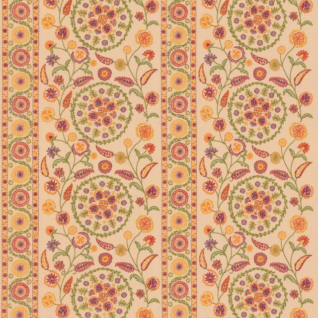 Oatmeal Suzani textile with coral, plum and sage floral medallions in vertical bands