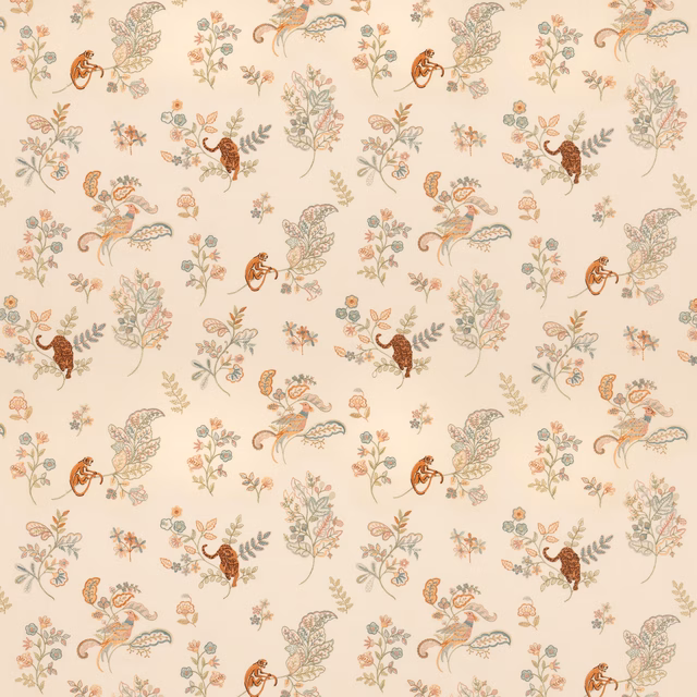 Ivory botanical fabric with teal leaves, coral birds and scattered floral motifs