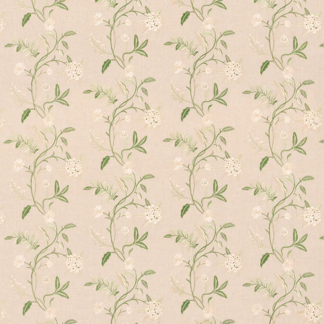 Warm beige fabric with sage vines, leaves and small cream embroidered flowers