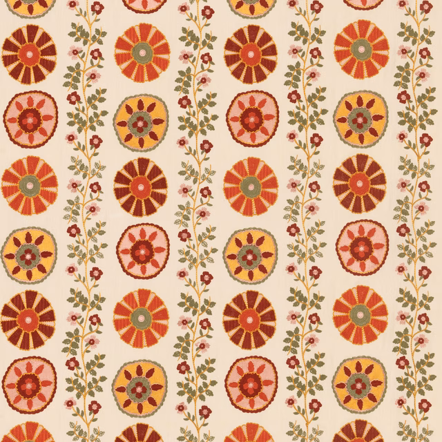 Cream textile with red, green and ochre medallions and floral trails
