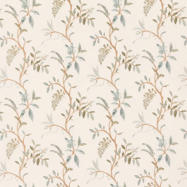 Ivory ground with muted aqua sprigs, taupe vines and delicate botanical branches