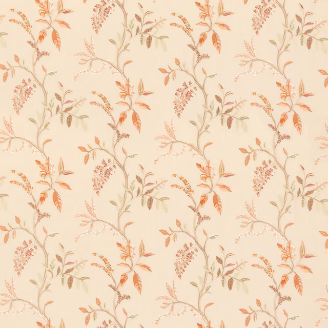 Warm ivory fabric with delicate coral, sage and taupe trailing botanical branches