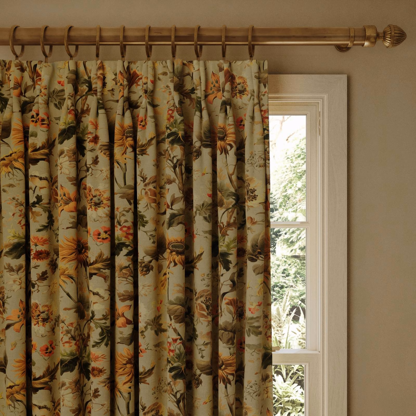 Muted apple-green floral curtain with ochre blooms and deep olive foliage in window light