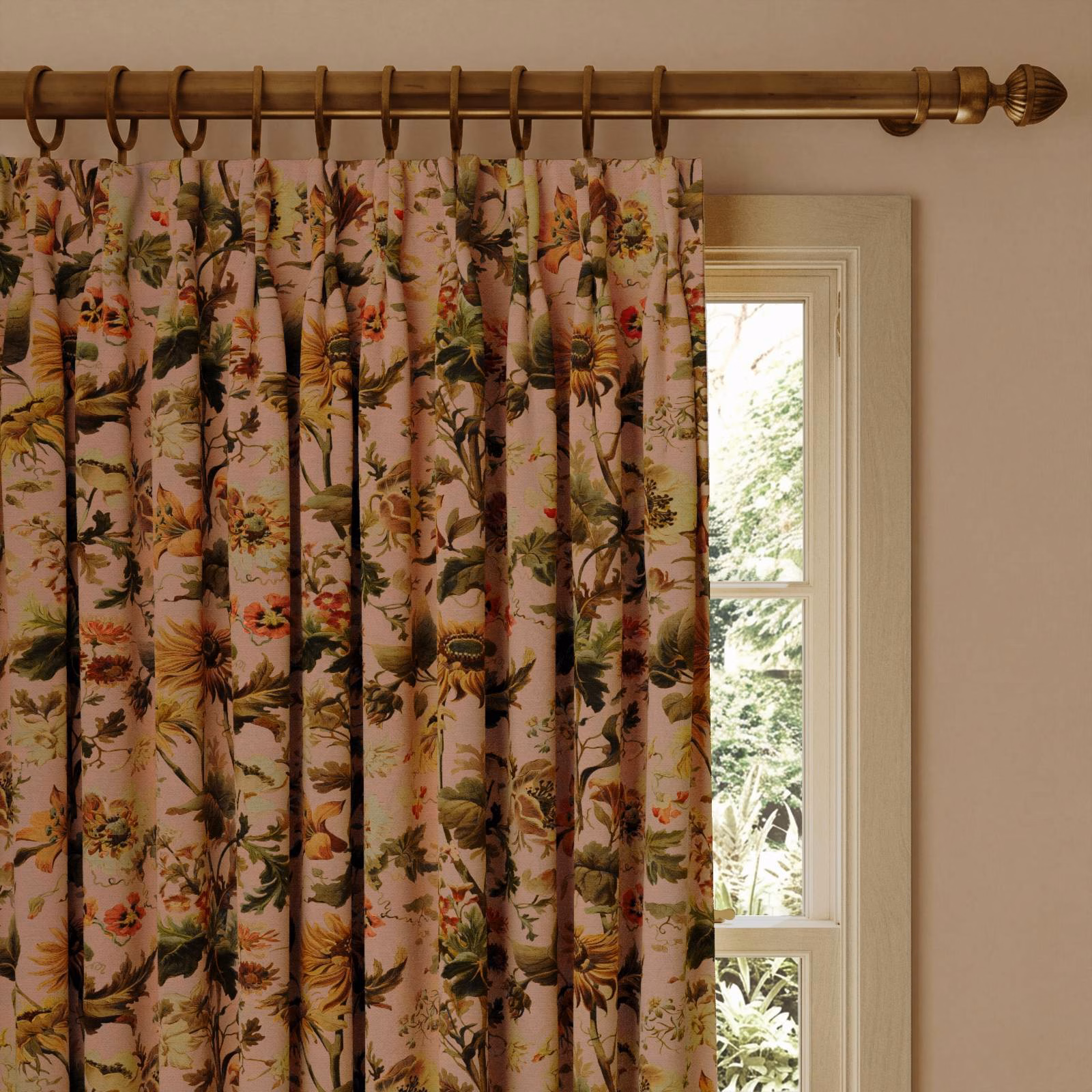 Dusty puce pink floral curtain with ochre blooms, dark foliage and deep pleats