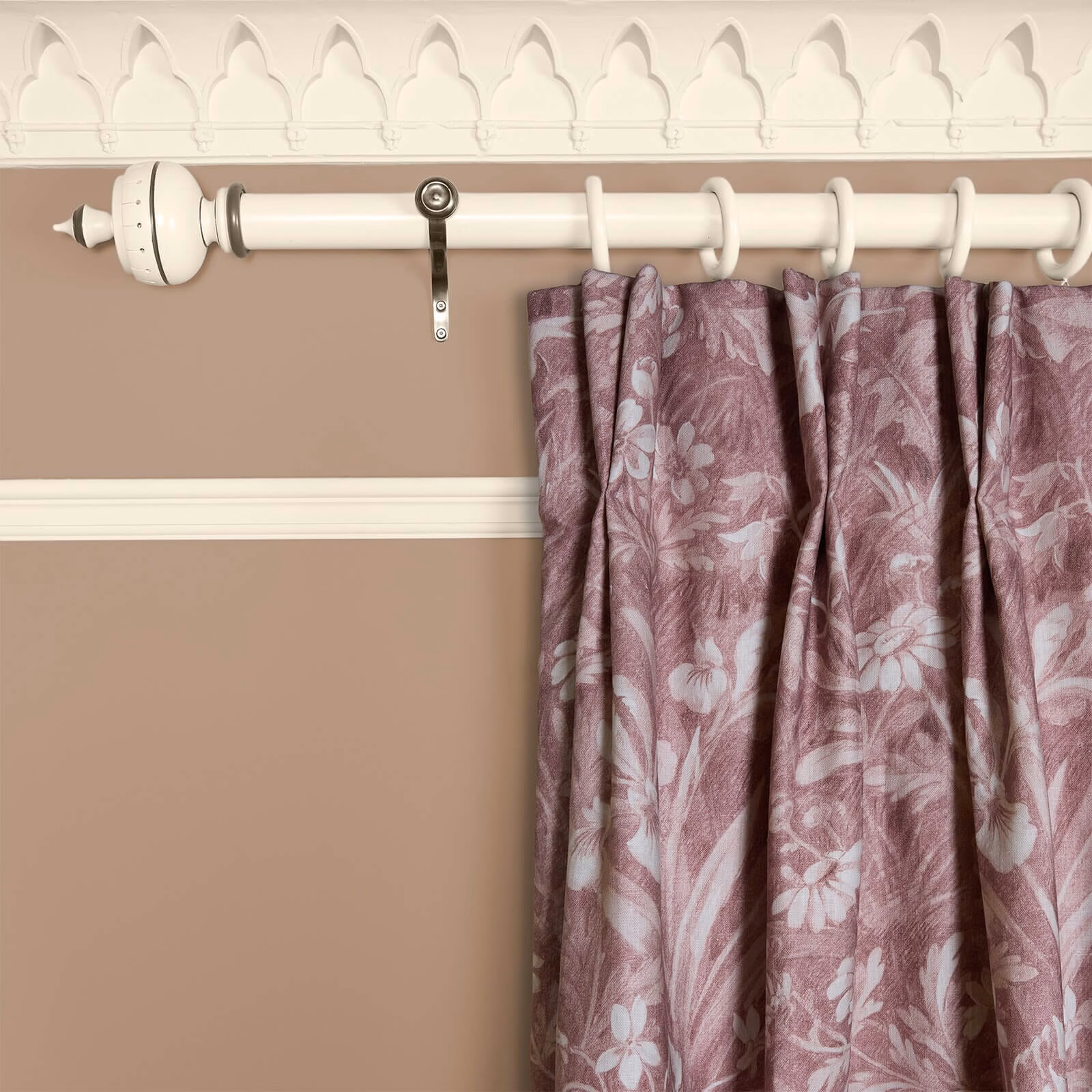 Dusty mauve floral curtain with pale blue-grey blossoms and leafy woven texture