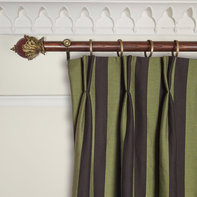 Muted olive and noir jacquard curtain with broad vertical stripes and subtle sheen