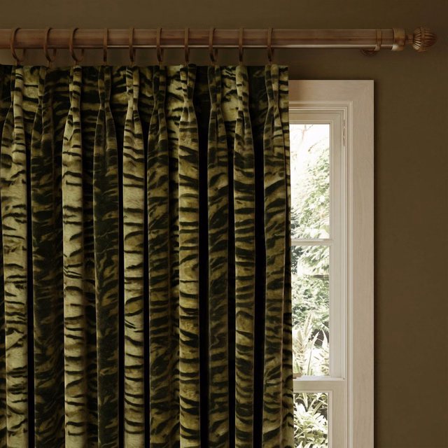Dark olive-umber velvet curtain with black organic stripes and soft sheen