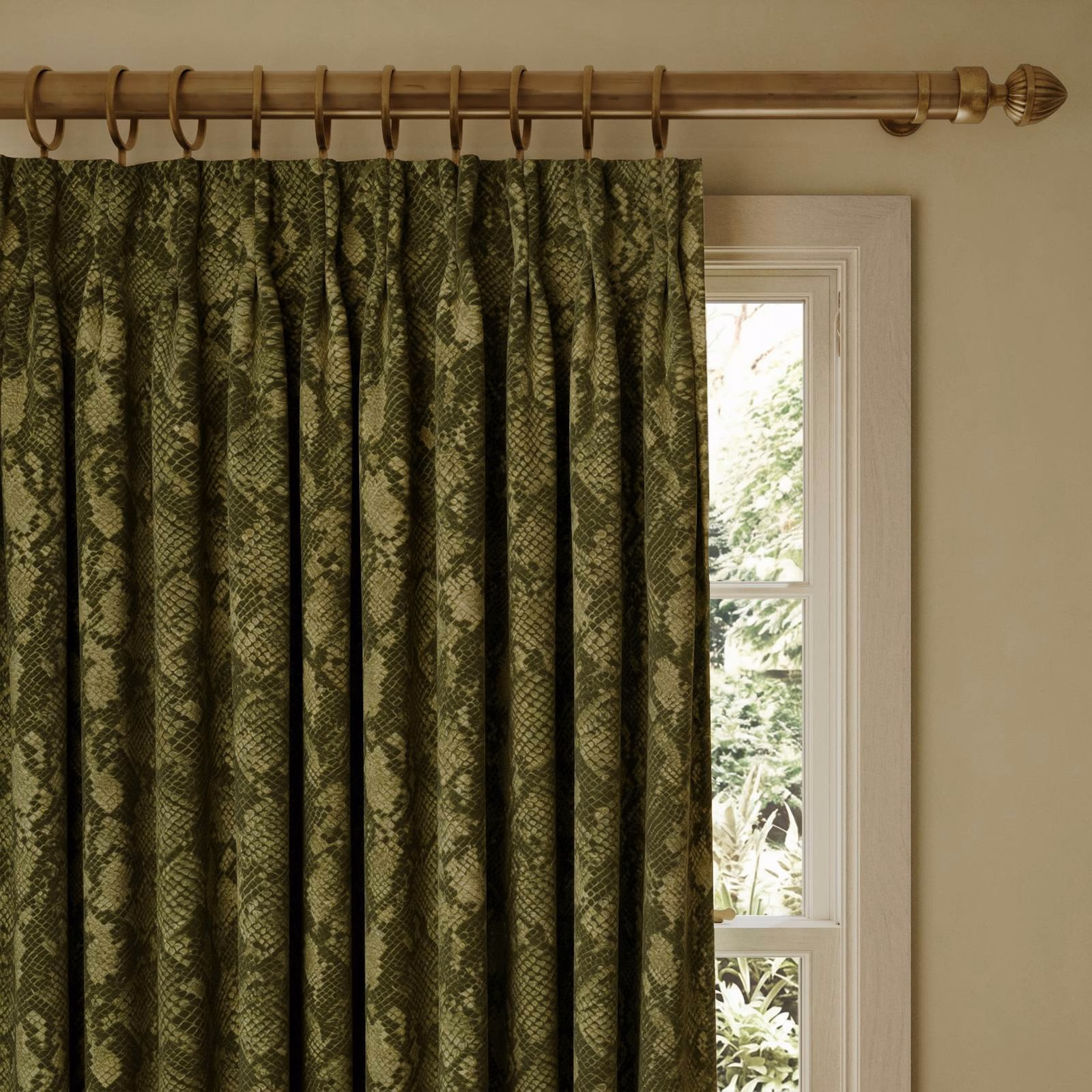 Deep olive velvet curtains with a shadowed scale-like pattern in full pleats