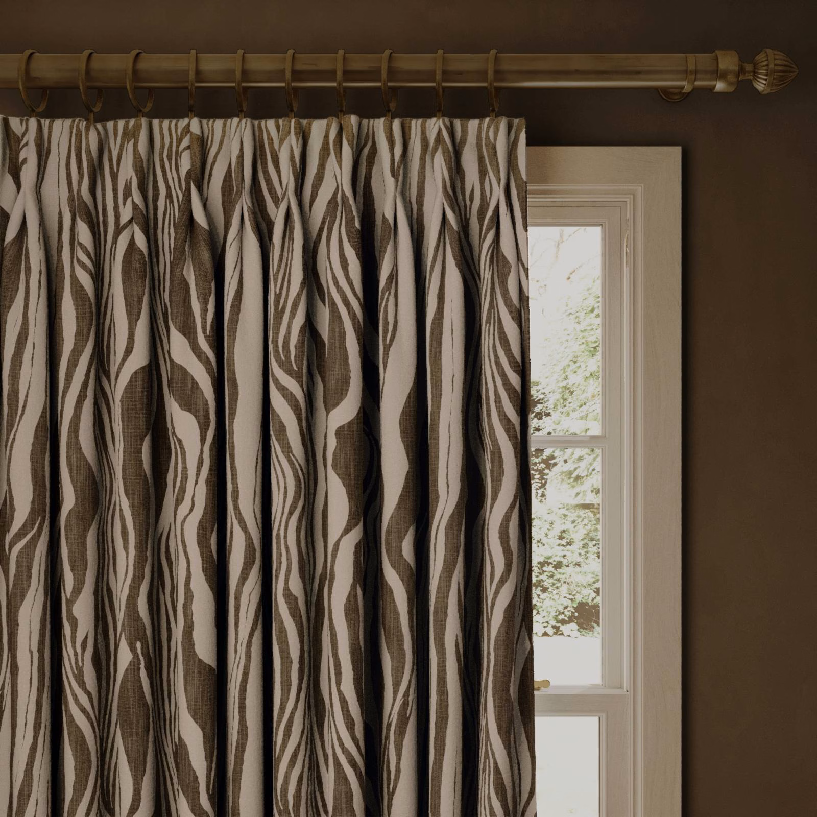 Cedar brown and cream curtains with flowing vertical organic stripes beside a window