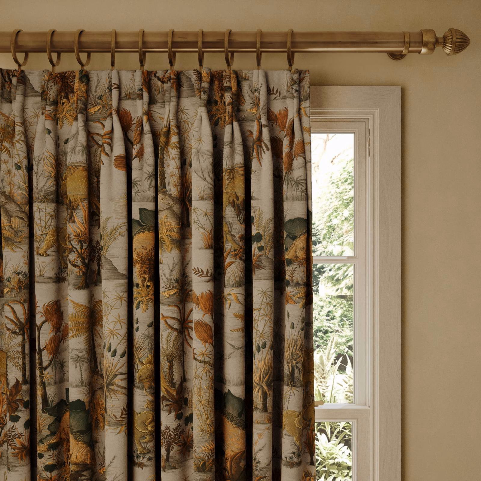 Dusk curtain with stone ground, rust dinosaurs and dense botanical foliage