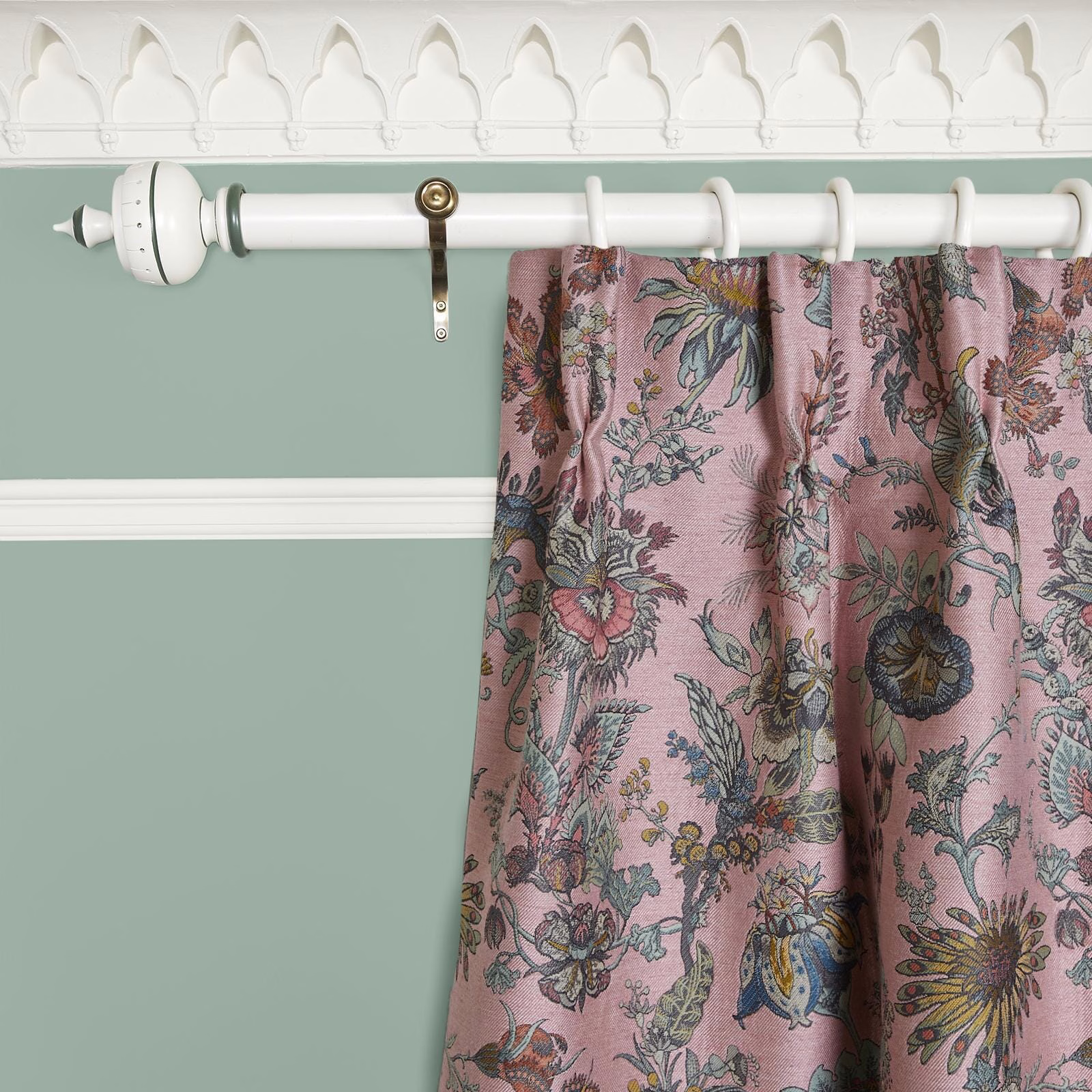 Dusty pink jacquard curtain with teal, olive and plum botanical flowers