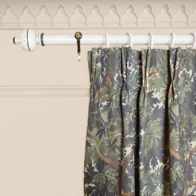 Muted olive-grey botanical curtain with sage leaves and warm brown branches