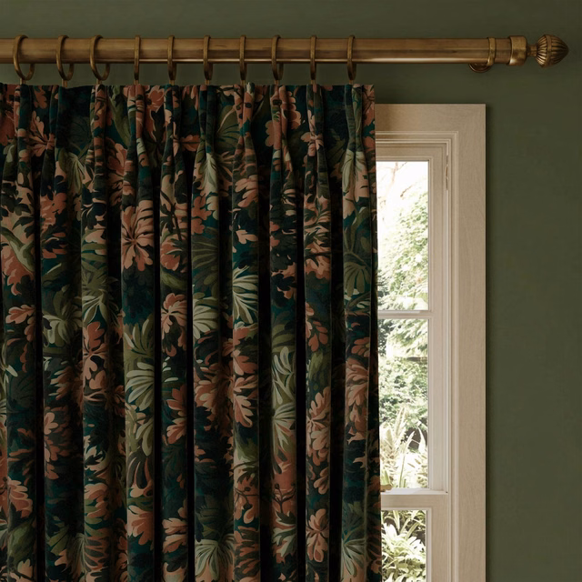Deep cerulean teal velvet curtain with peach flowers and leafy botanical motifs