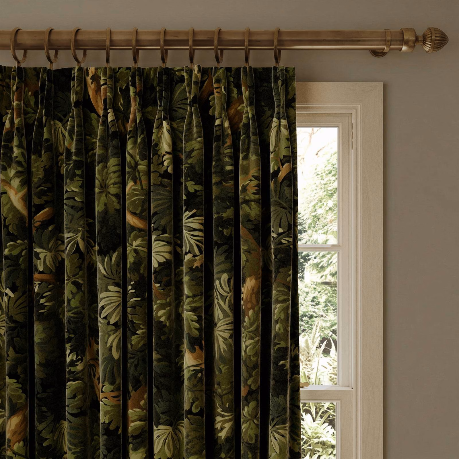 Pleated Noir velvet curtain with olive botanical leaves and ochre accents