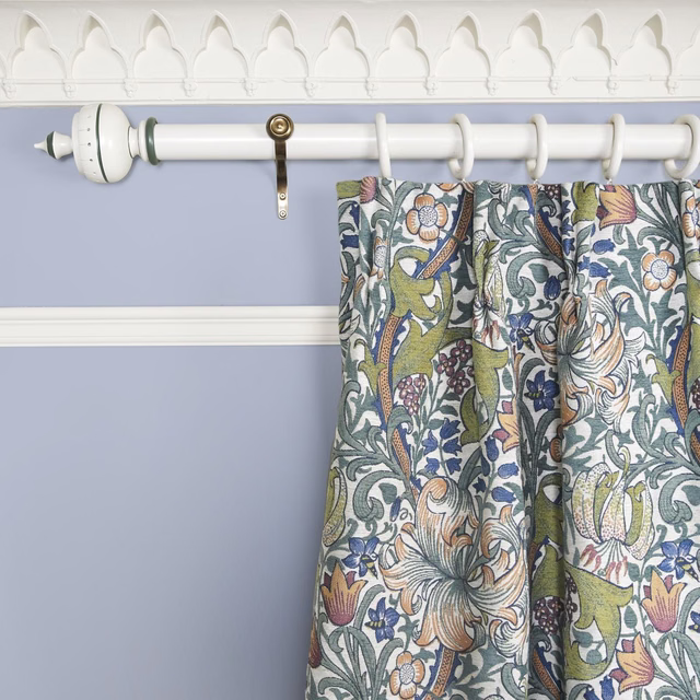 Parchment jacquard curtain with olive foliage and muted blue, russet flowers