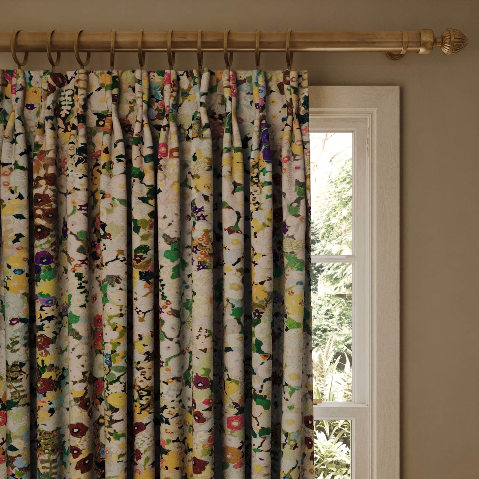 Warm cream curtain with scattered jewel-toned flowers and leafy botanical marks