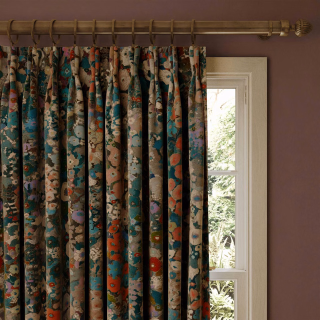 Pleated Winter velvet curtain with teal, coral and cream floral motifs
