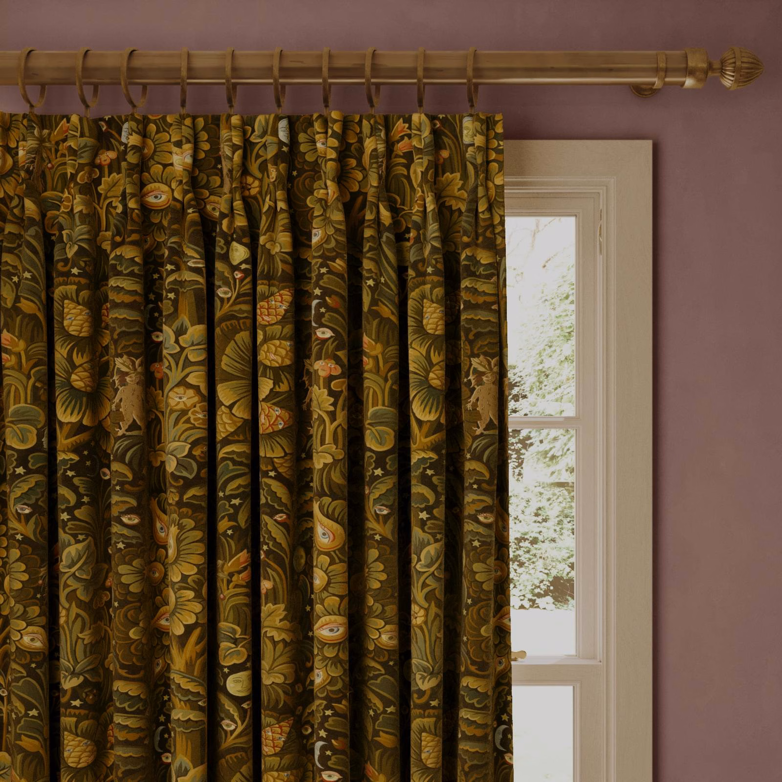 Dark olive velvet curtain with mustard leaves and rust flowers in deep folds