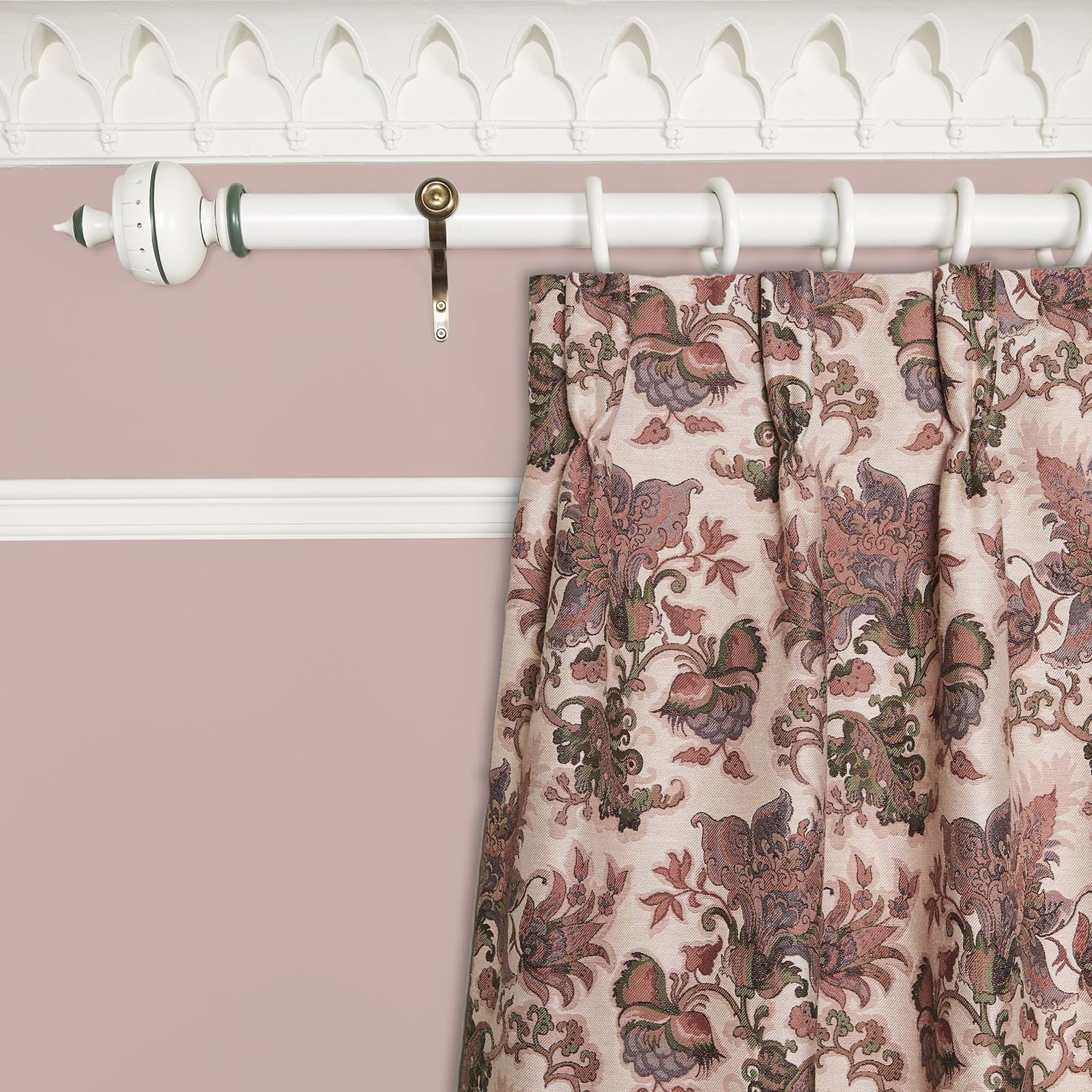 Blush-pink jacquard curtain with muted mauve, olive and brown scrolling floral motifs