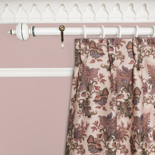 Blush-pink jacquard curtain with muted mauve, olive and brown scrolling floral motifs