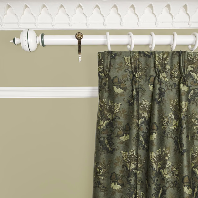 Muted verdigris floral jacquard curtain with scrolling botanical motifs and deep olive shading