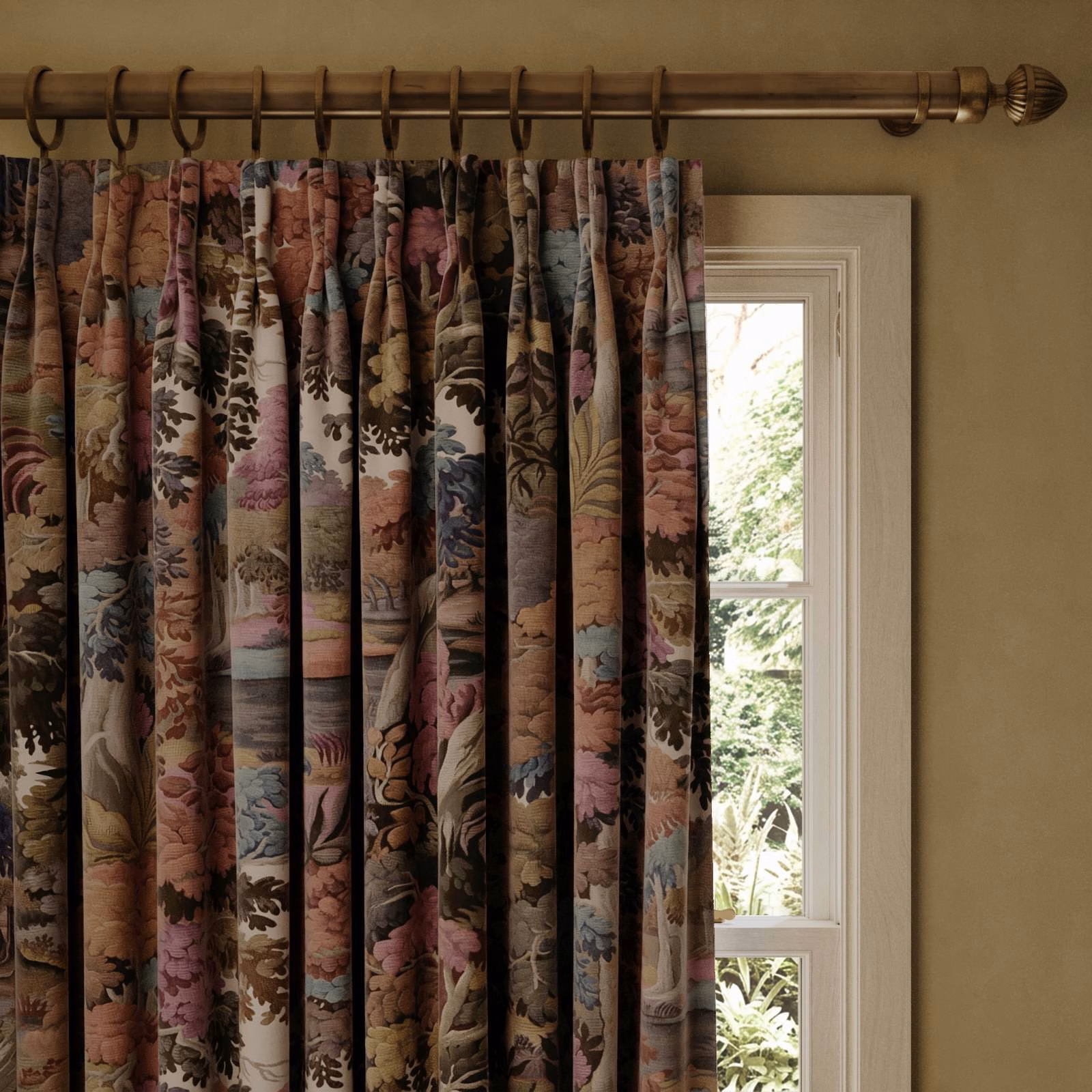 Prism botanical curtain in dusty rose, olive, plum and charcoal folds