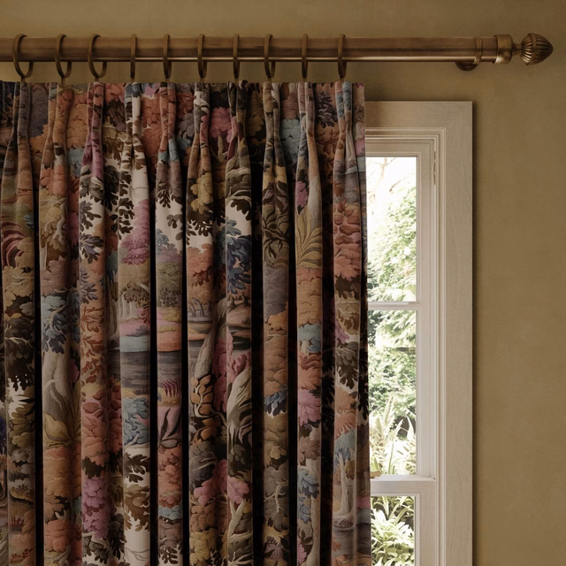 Prism botanical curtain in dusty rose, olive, plum and charcoal folds