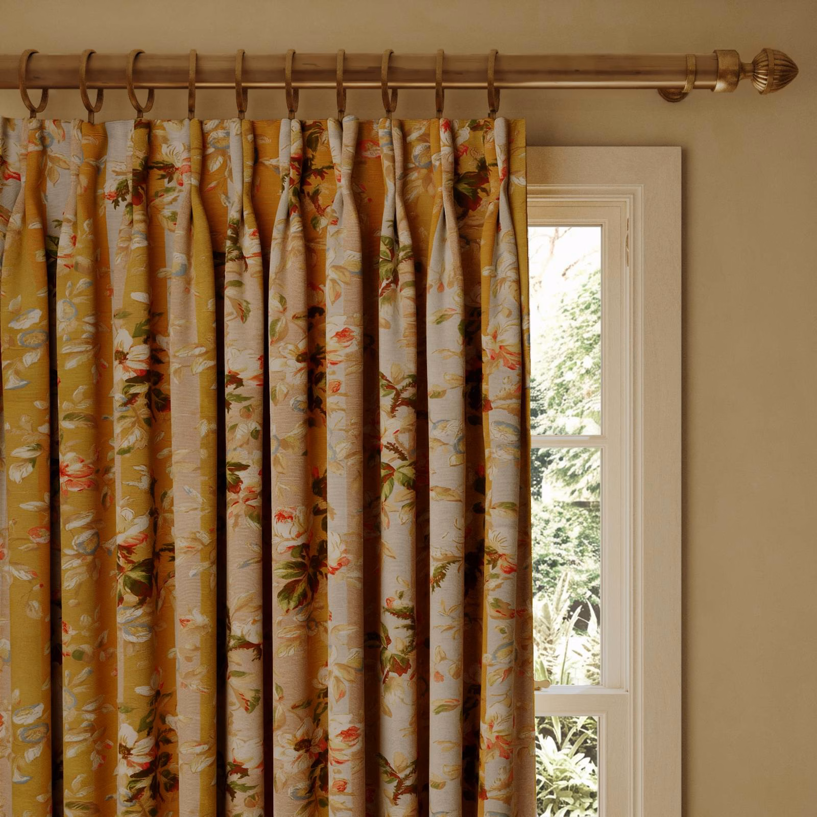 Warm ochre and cream striped floral curtain with red and green blossoms