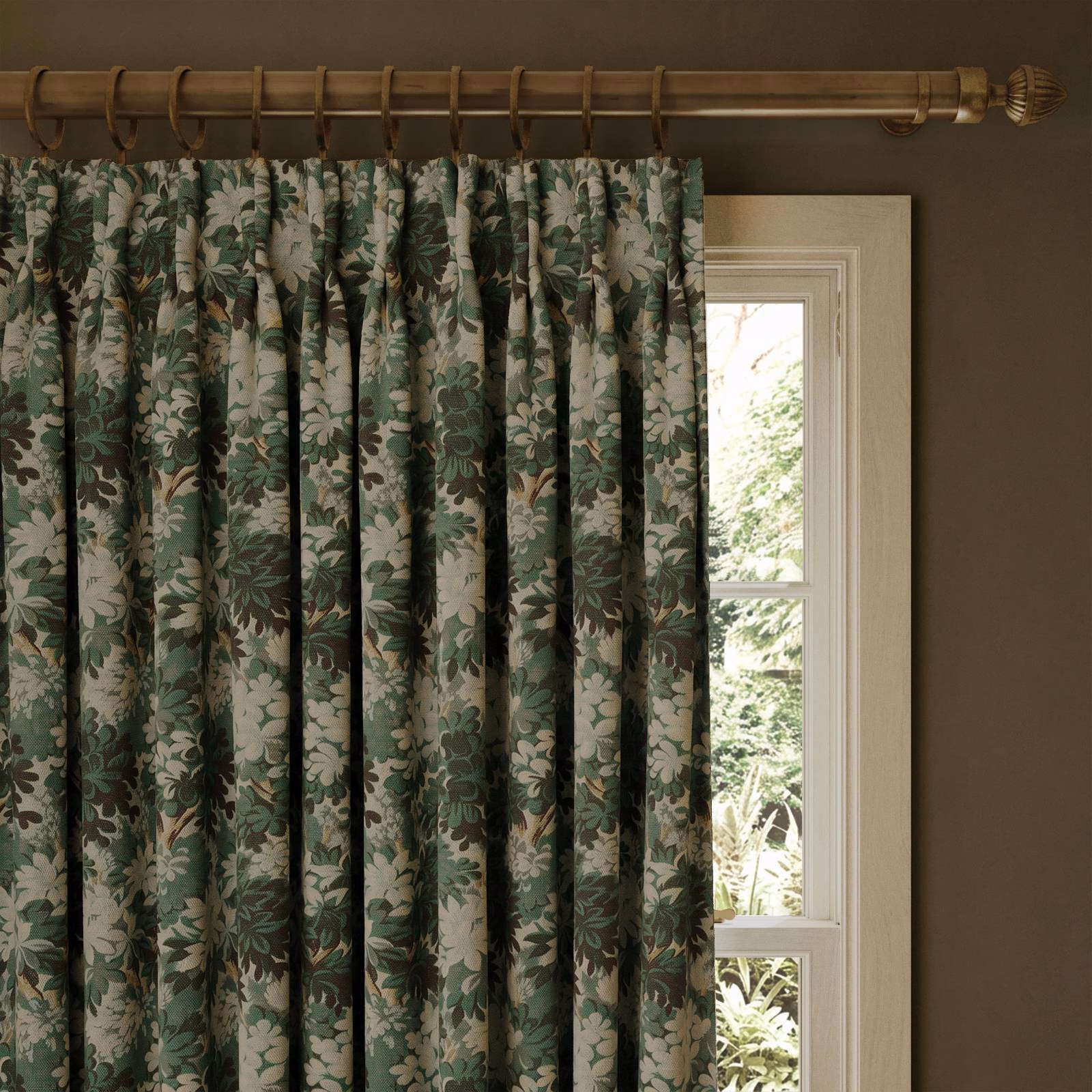 Deep blue-green botanical jacquard curtain with sage leaves and cream highlights