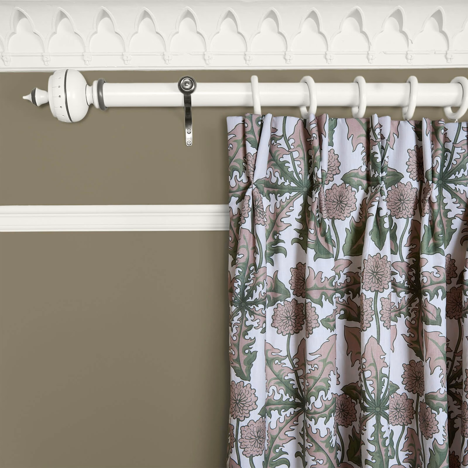 Muted sage botanical curtain with dusty rose flowers and scrolling leafy motifs