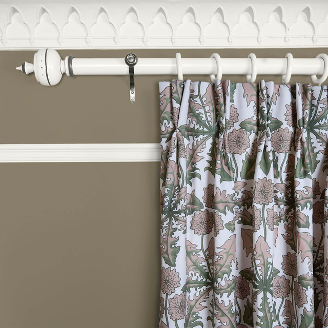 Muted sage botanical curtain with dusty rose flowers and scrolling leafy motifs